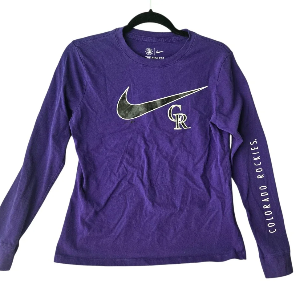 Nike Colorado Rockies Womens Long Sleeve‎ T-Shirt Purple Camo Swoosh MLB Medium